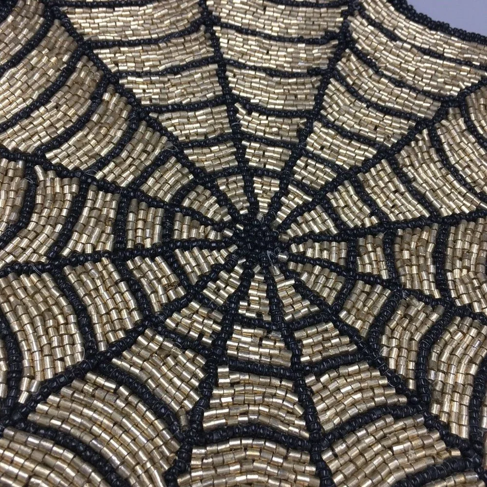 4pc Tahari Halloween Beaded Placemat Set Bat Pumpkin Spiderweb Spider Gold Black